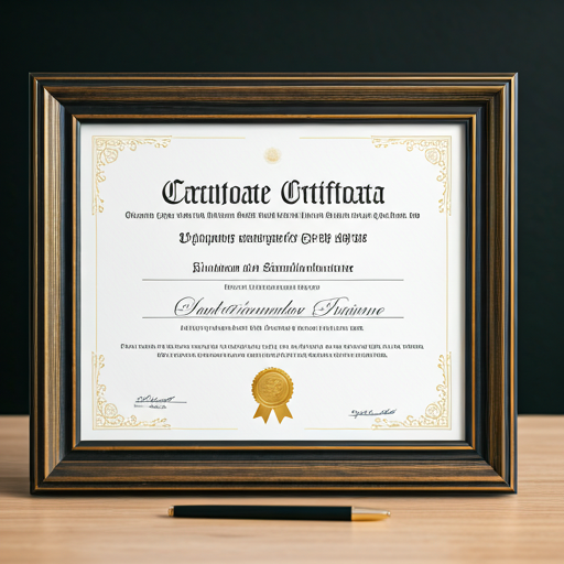 Close up of a framed official certificate with a golden seal and calligraphy on a clean desk